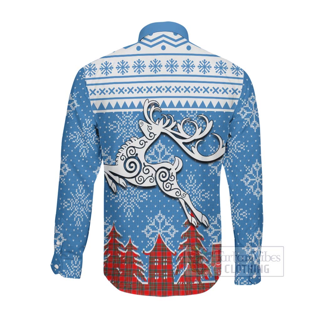 Tartan Vibes Clothing Binning Clan Christmas Long Sleeve Button Shirt Celtic Reindeer Style