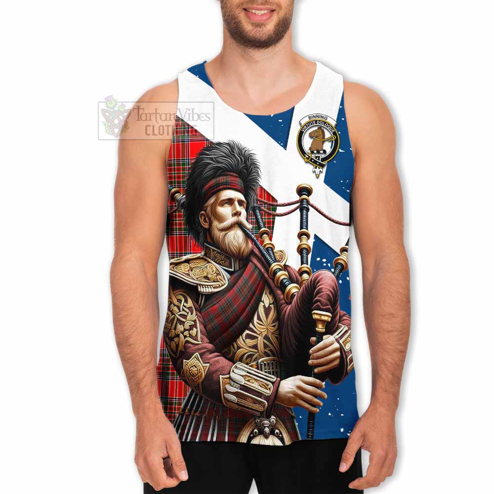 Binning Tartan Men's Tank Top with Family Crest Scottish Bagpiper Vibes