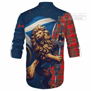 Binning Tartan Family Crest Ghillie Kilt Shirt with Scottish Majestic Lion