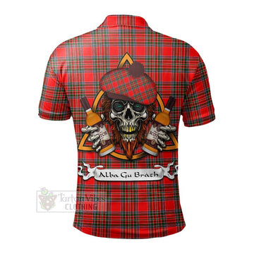 Binning Tartan Polo Shirt with Family Crest and Bearded Skull Holding Bottles of Whiskey