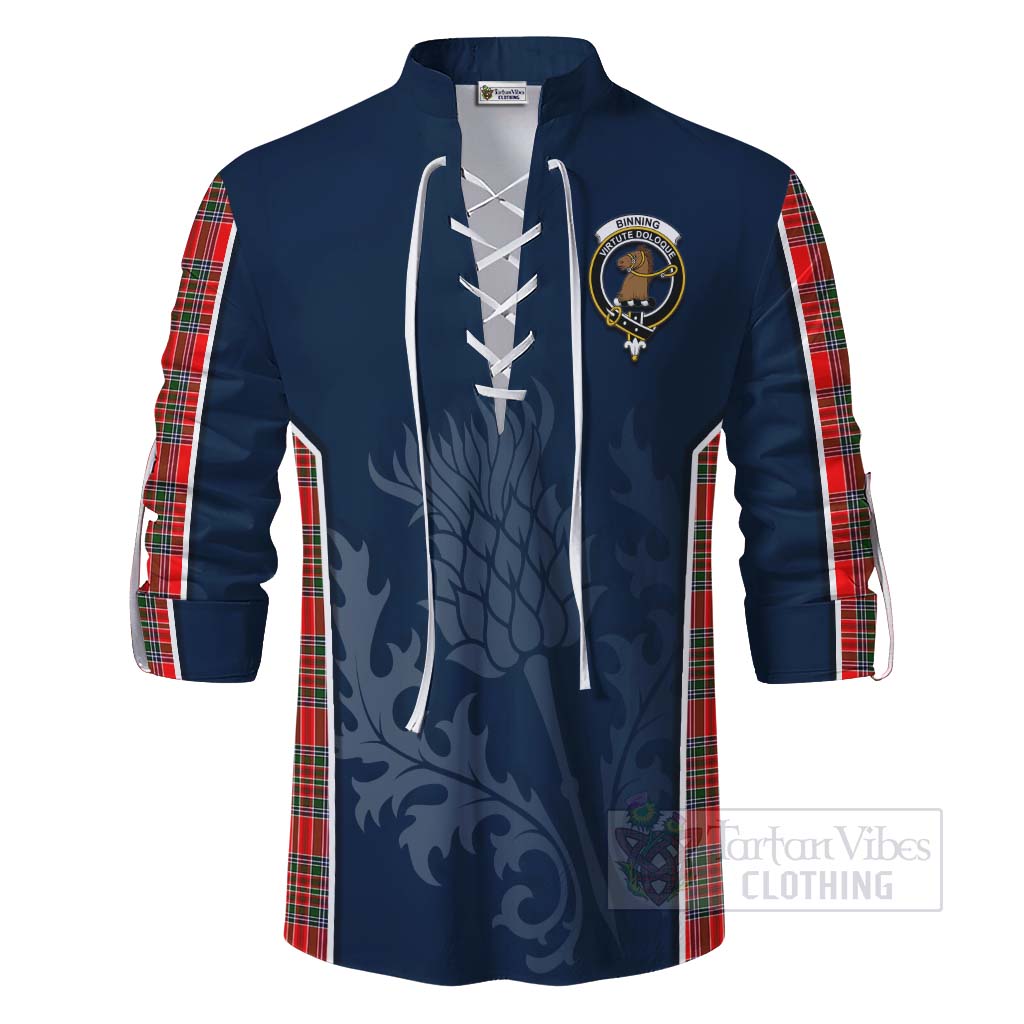 Tartan Vibes Clothing Binning Tartan Ghillie Kilt Shirt with Family Crest and Scottish Thistle Vibes Sport Style