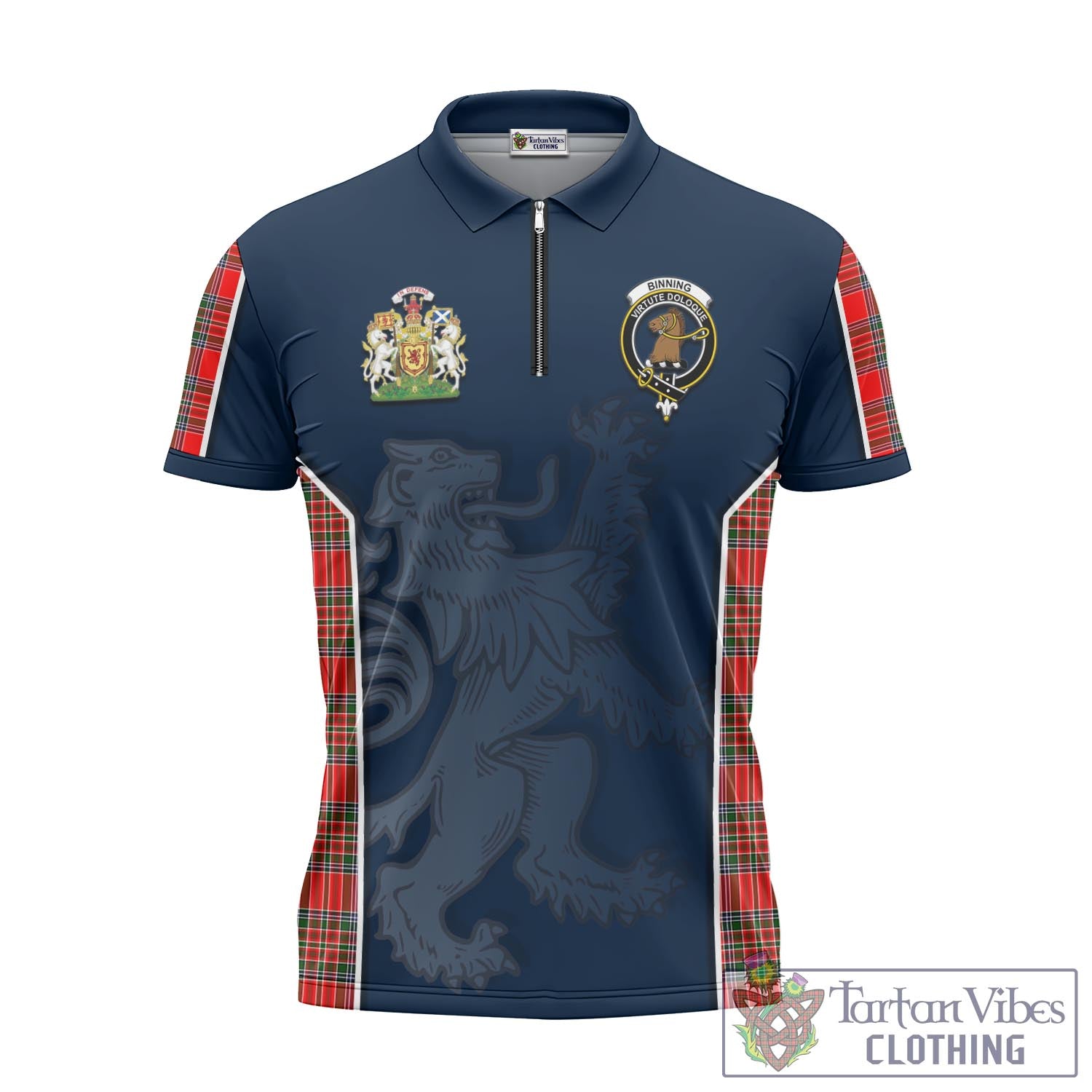 Tartan Vibes Clothing Binning Tartan Zipper Polo Shirt with Family Crest and Lion Rampant Vibes Sport Style