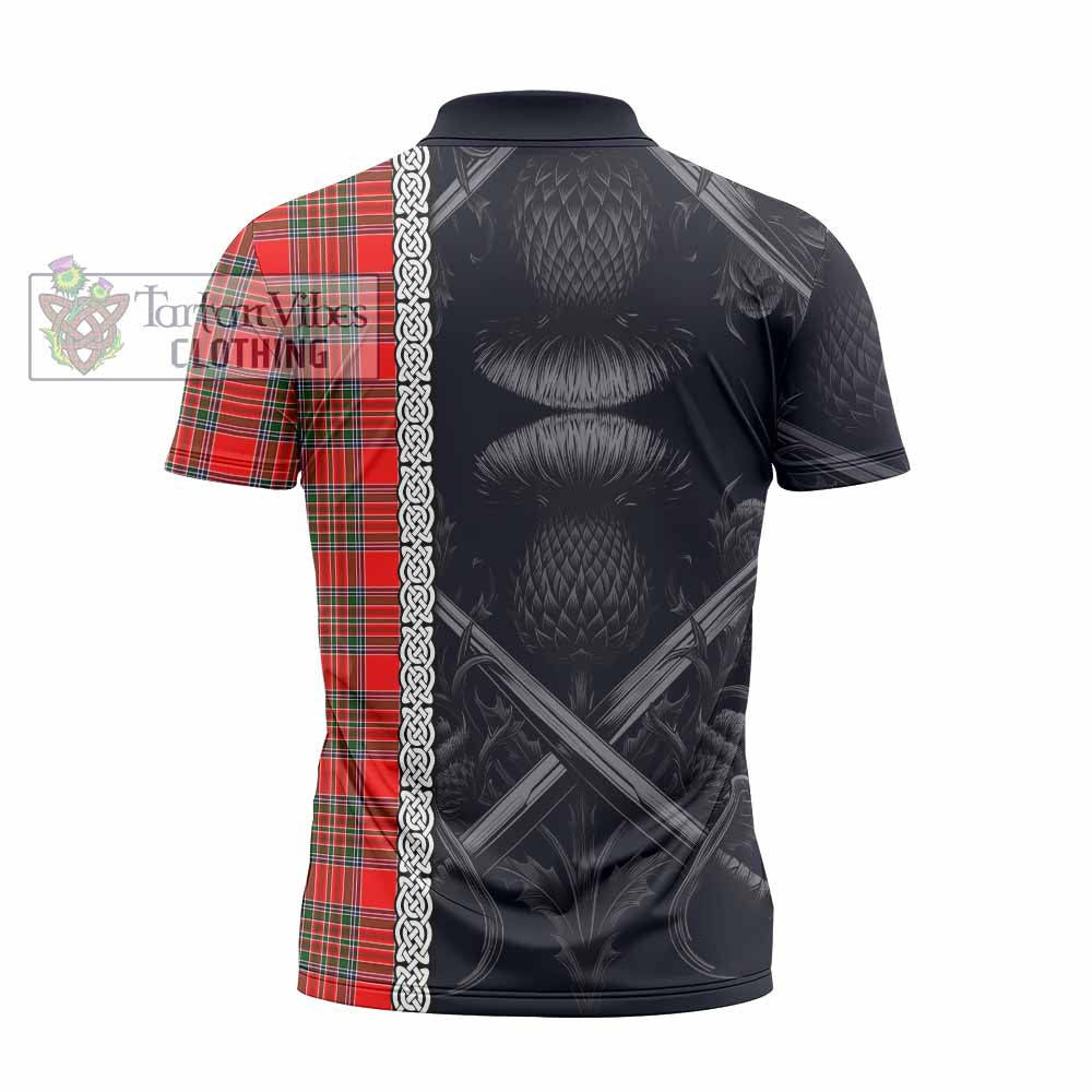 Tartan Vibes Clothing Binning Tartan Zipper Polo Shirt with Family Crest Cross Sword Thistle Celtic Vibes