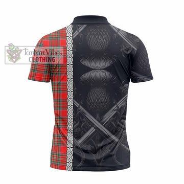 Binning Tartan Zipper Polo Shirt with Family Crest Cross Sword Thistle Celtic Vibes