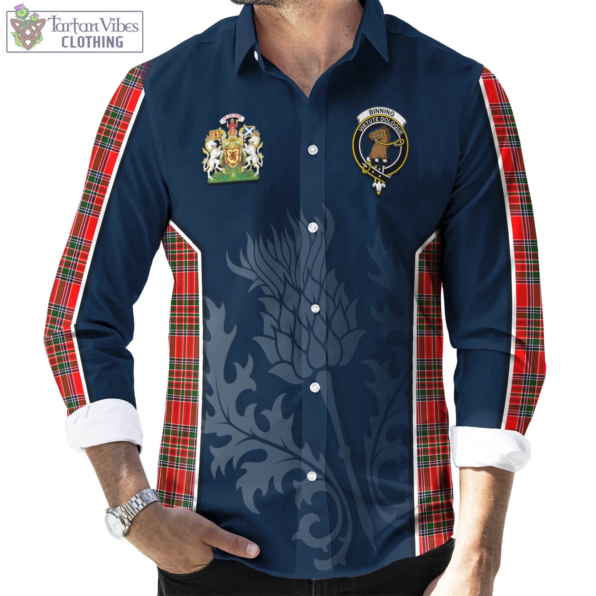 Tartan Vibes Clothing Binning Tartan Long Sleeve Button Up Shirt with Family Crest and Scottish Thistle Vibes Sport Style