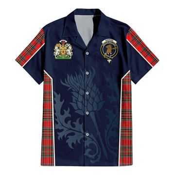 Binning Tartan Short Sleeve Button Up Shirt with Family Crest and Scottish Thistle Vibes Sport Style