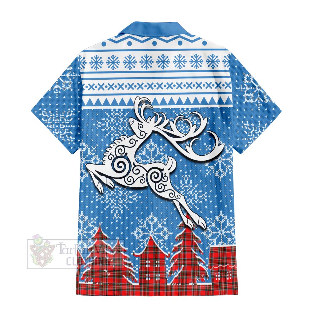 Tartan Vibes Clothing Binning Clan Christmas Short Sleeve Button Shirt Celtic Reindeer Style