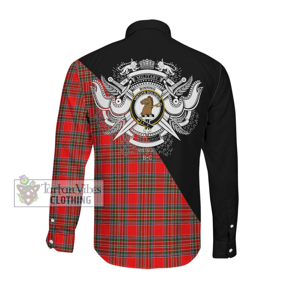 Binning Tartan Long Sleeve Button Shirt with Family Crest and Military Logo Style Men's Shirt - Tartanvibesclothing Shop