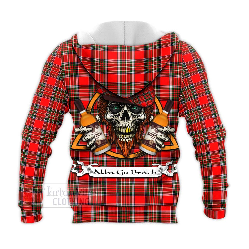 Tartan Vibes Clothing Binning Tartan Knitted Hoodie with Family Crest and Bearded Skull Holding Bottles of Whiskey