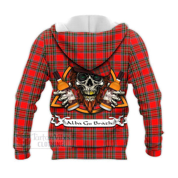 Binning Tartan Knitted Hoodie with Family Crest and Bearded Skull Holding Bottles of Whiskey