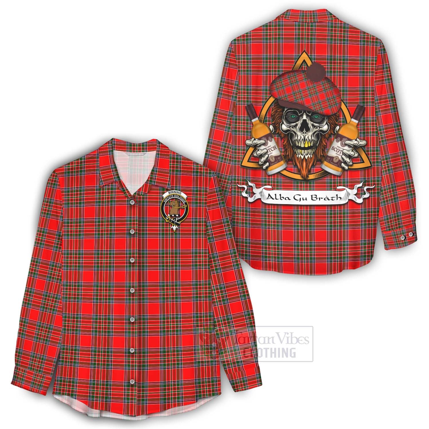 Tartan Vibes Clothing Binning Tartan Women's Casual Shirt with Family Crest and Bearded Skull Holding Bottles of Whiskey