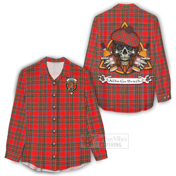 Binning Tartan Women's Casual Shirt with Family Crest and Bearded Skull Holding Bottles of Whiskey