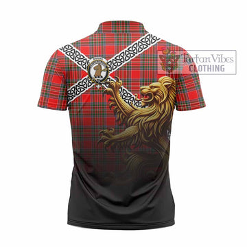 Binning Crest Tartan Zipper Polo Shirt with Golden Lion Emblem Celtic Style - Tartan Vibes Clothing