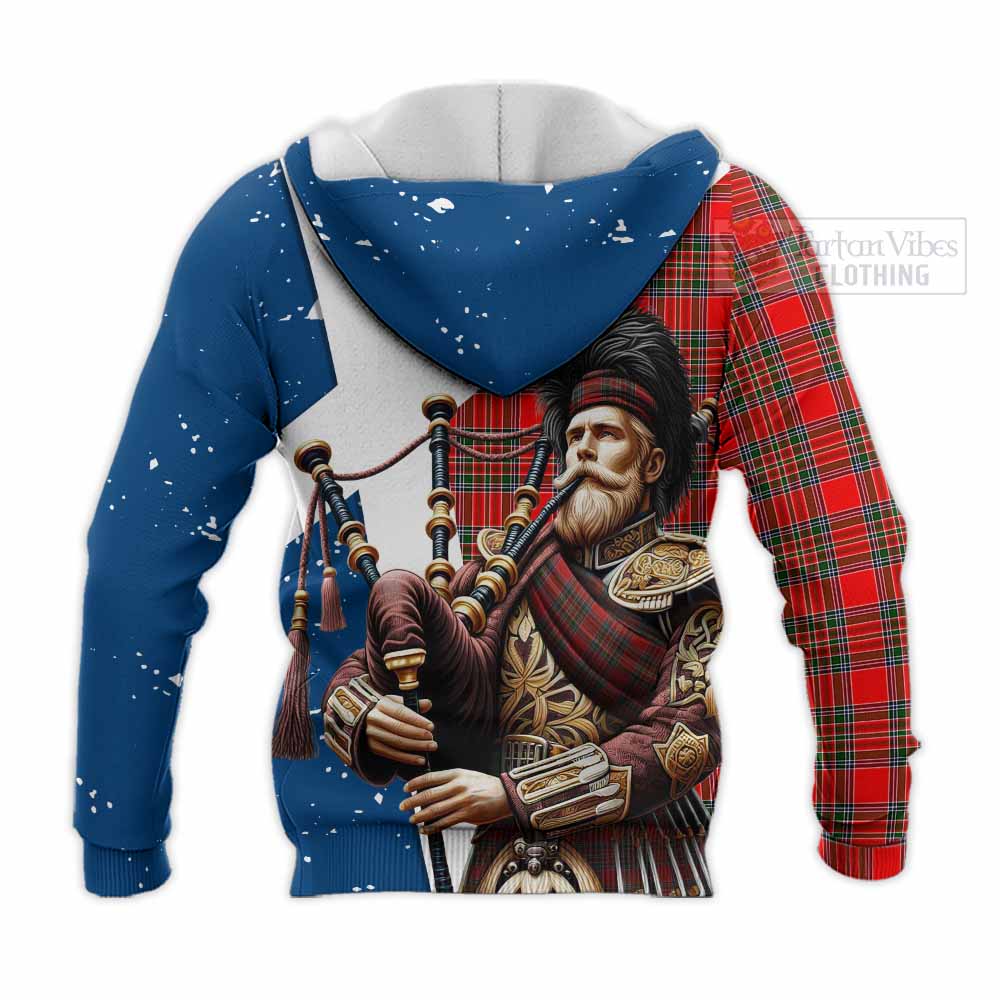 Tartan Vibes Clothing Binning Tartan Knitted Hoodie with Family Crest Scottish Bagpiper Vibes