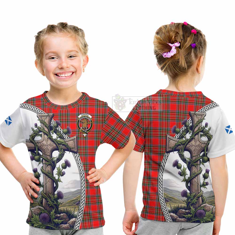 Tartan Vibes Clothing Binning Tartan Kid T-Shirt with Family Crest and St. Andrew's Cross Accented by Thistle Vines