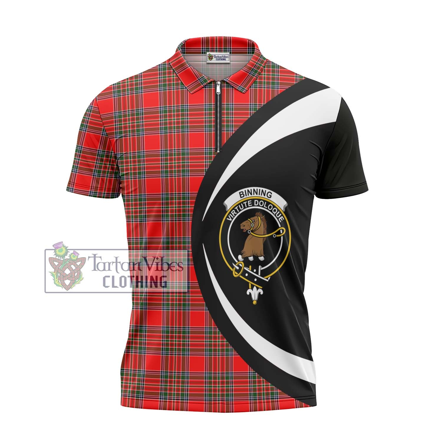 Tartan Vibes Clothing Binning Tartan Zipper Polo Shirt with Family Crest Circle Style