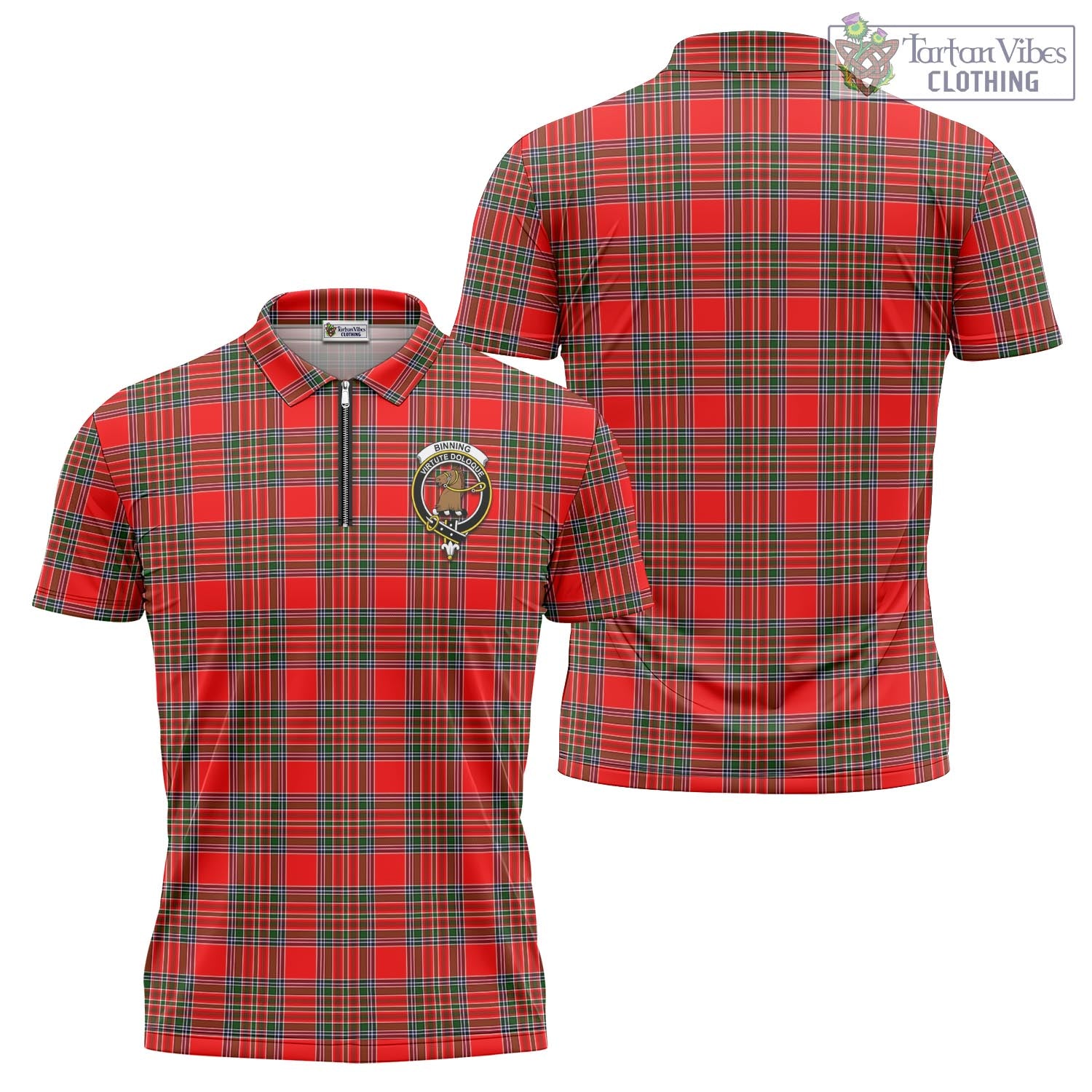 Tartan Vibes Clothing Binning Tartan Zipper Polo Shirt with Family Crest