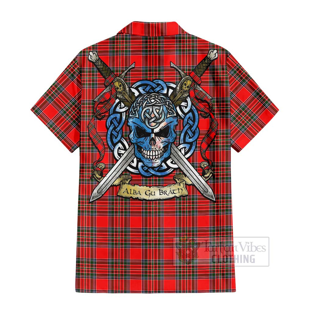 Tartan Vibes Clothing Binning Tartan Short Sleeve Button Shirt with Family Crest Celtic Skull Style