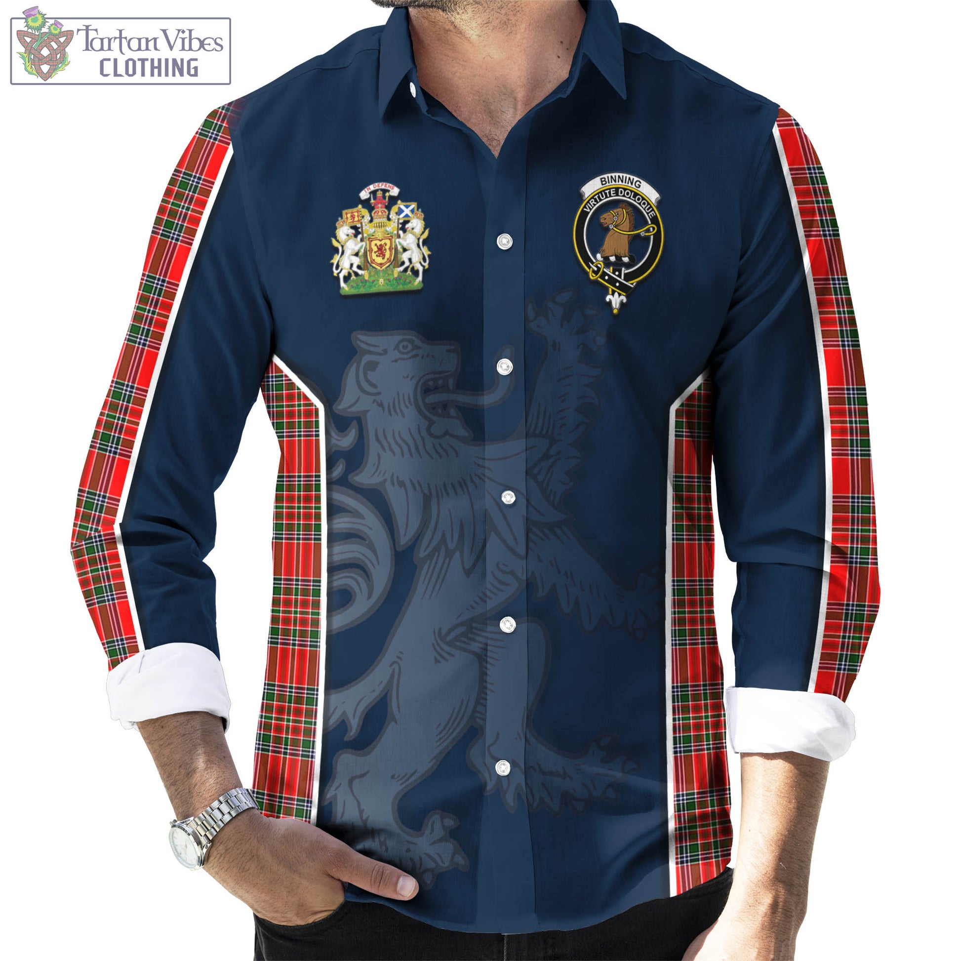 Tartan Vibes Clothing Binning Tartan Long Sleeve Button Up Shirt with Family Crest and Lion Rampant Vibes Sport Style