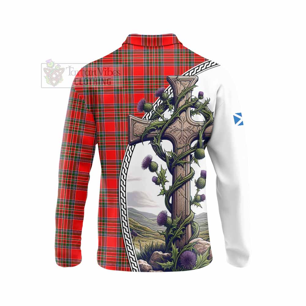 Tartan Vibes Clothing Binning Tartan Long Sleeve Polo Shirt with Family Crest and St. Andrew's Cross Accented by Thistle Vines