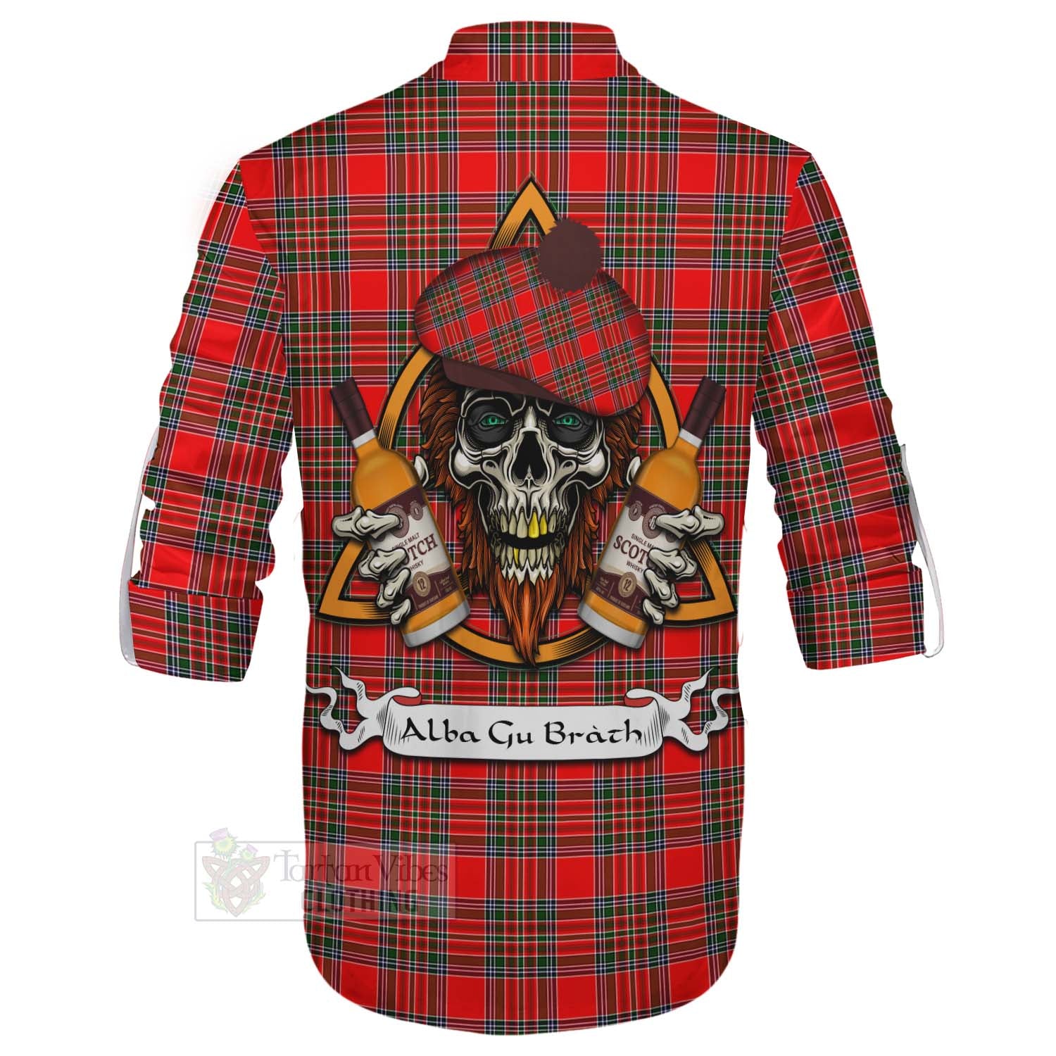 Tartan Vibes Clothing Binning Tartan Ghillie Kilt Shirt with Family Crest and Bearded Skull Holding Bottles of Whiskey