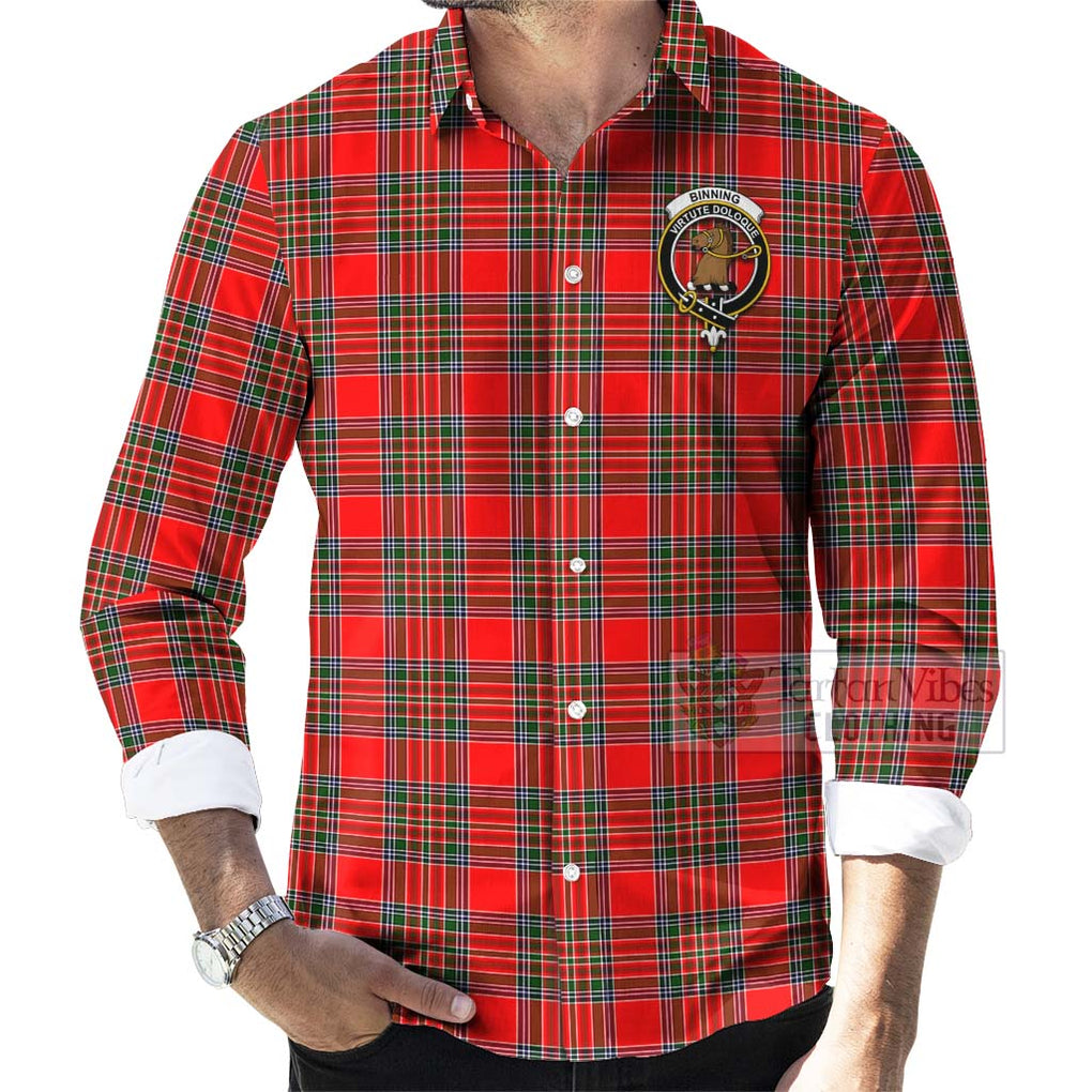 Tartan Vibes Clothing Binning Tartan Long Sleeve Button Shirt with Family Crest and Bearded Skull Holding Bottles of Whiskey