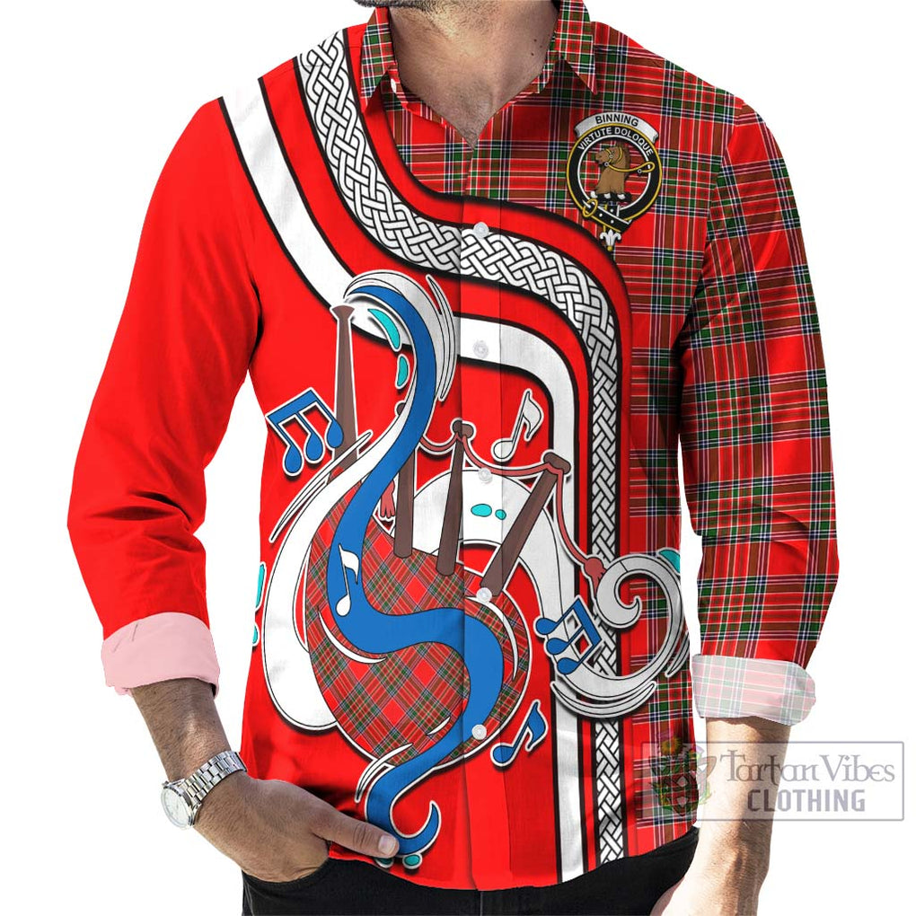 Binning Tartan Long Sleeve Button Shirt with Epic Bagpipe Style - Tartanvibesclothing Shop