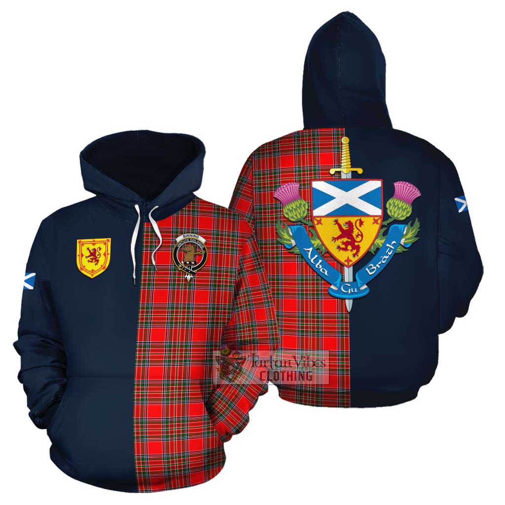 Tartan Vibes Clothing Binning Tartan Cotton Hoodie Alba with Scottish Lion Royal Arm Half Style