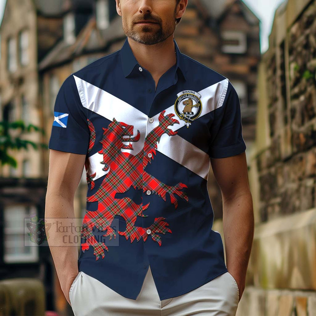 Tartan Vibes Clothing Binning Tartan Lion Rampant Short Sleeve Button Shirt – Proudly Display Your Heritage with Alba Gu Brath and Clan Name