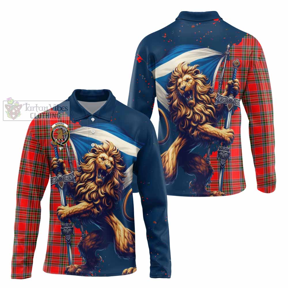 Tartan Vibes Clothing Binning Tartan Family Crest Long Sleeve Polo Shirt with Scottish Majestic Lion