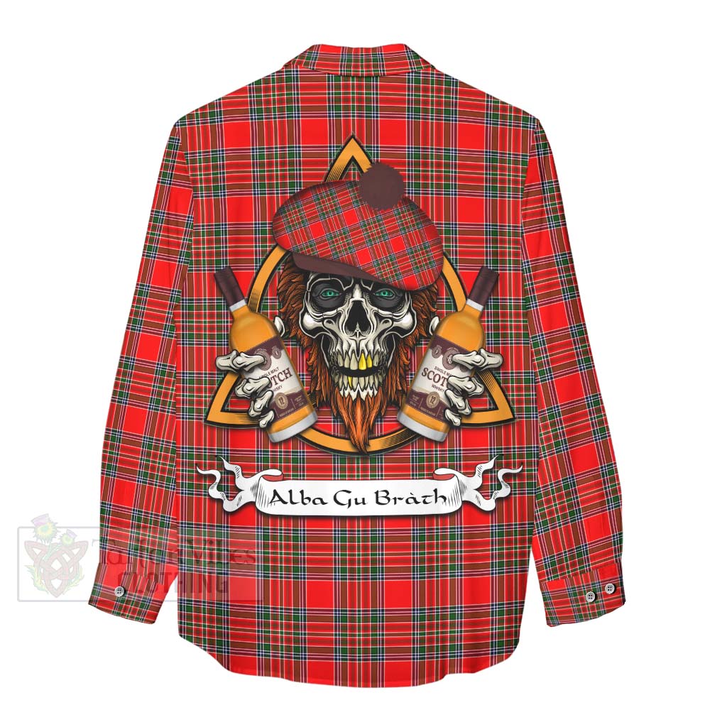 Tartan Vibes Clothing Binning Tartan Women's Casual Shirt with Family Crest and Bearded Skull Holding Bottles of Whiskey