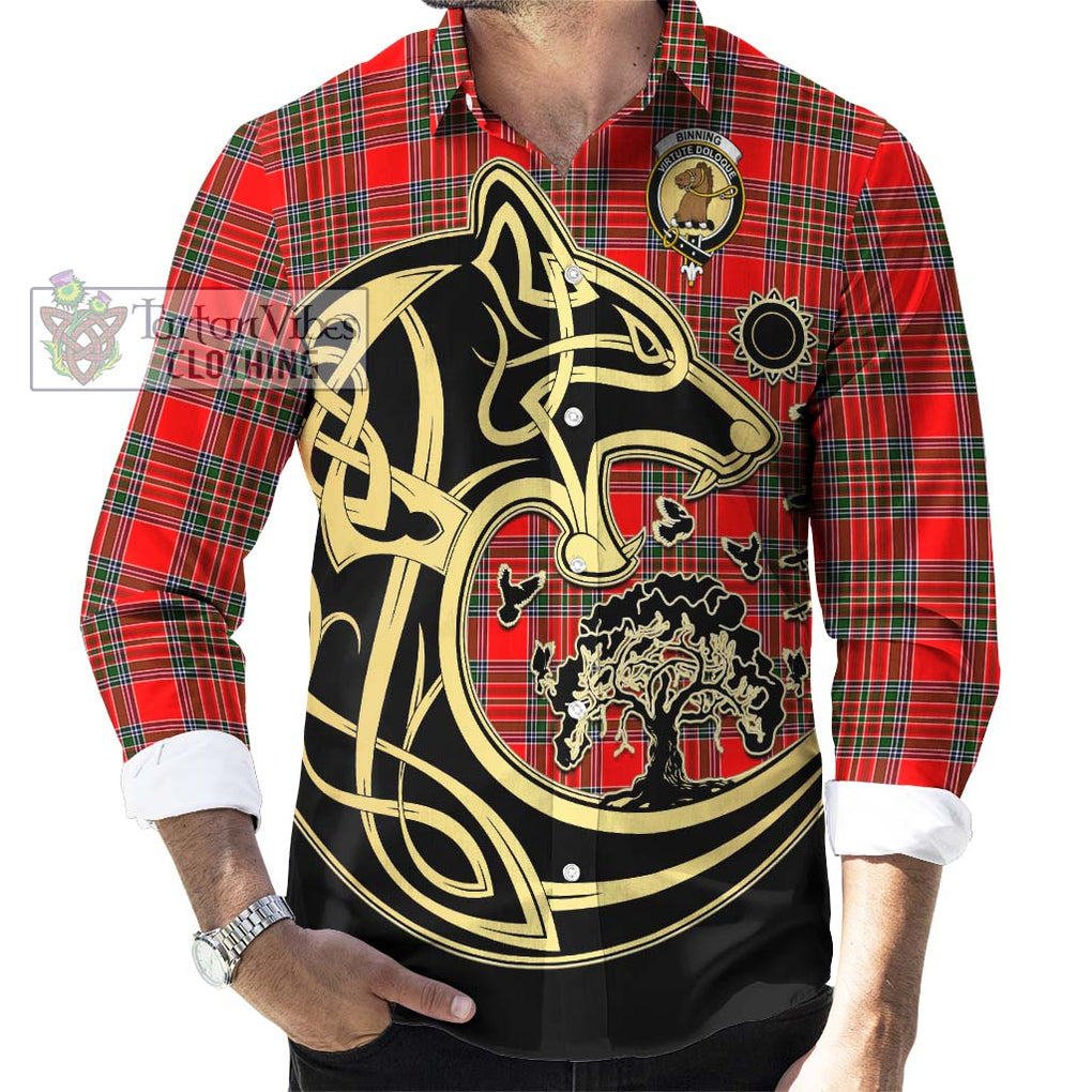 Binning Tartan Long Sleeve Button Shirt with Family Crest Celtic Wolf Style - Tartan Vibes Clothing