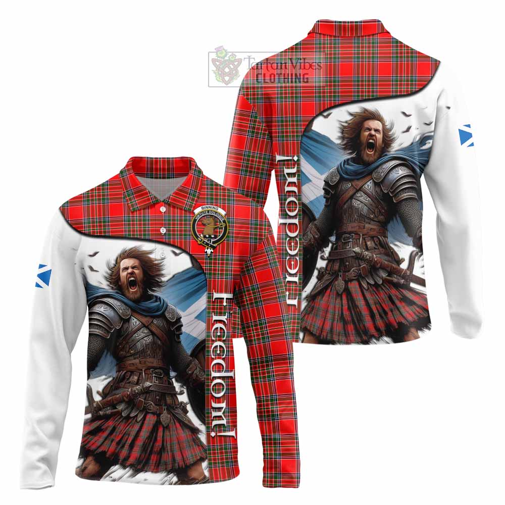 Tartan Vibes Clothing Binning Crest Tartan Long Sleeve Polo Shirt Inspired by the Freedom of Scottish Warrior