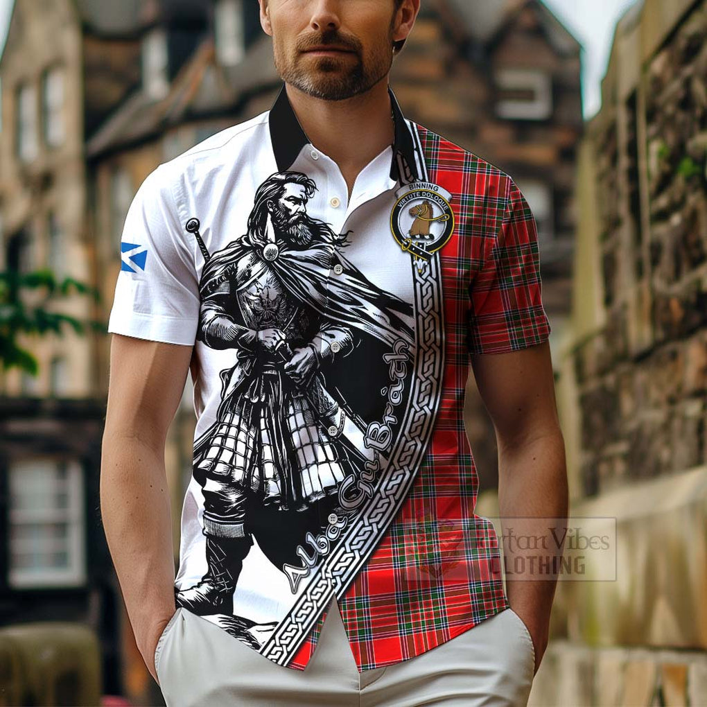 Tartan Vibes Clothing Binning Tartan Clan Crest Short Sleeve Button Shirt with Highlander Warrior Celtic Style