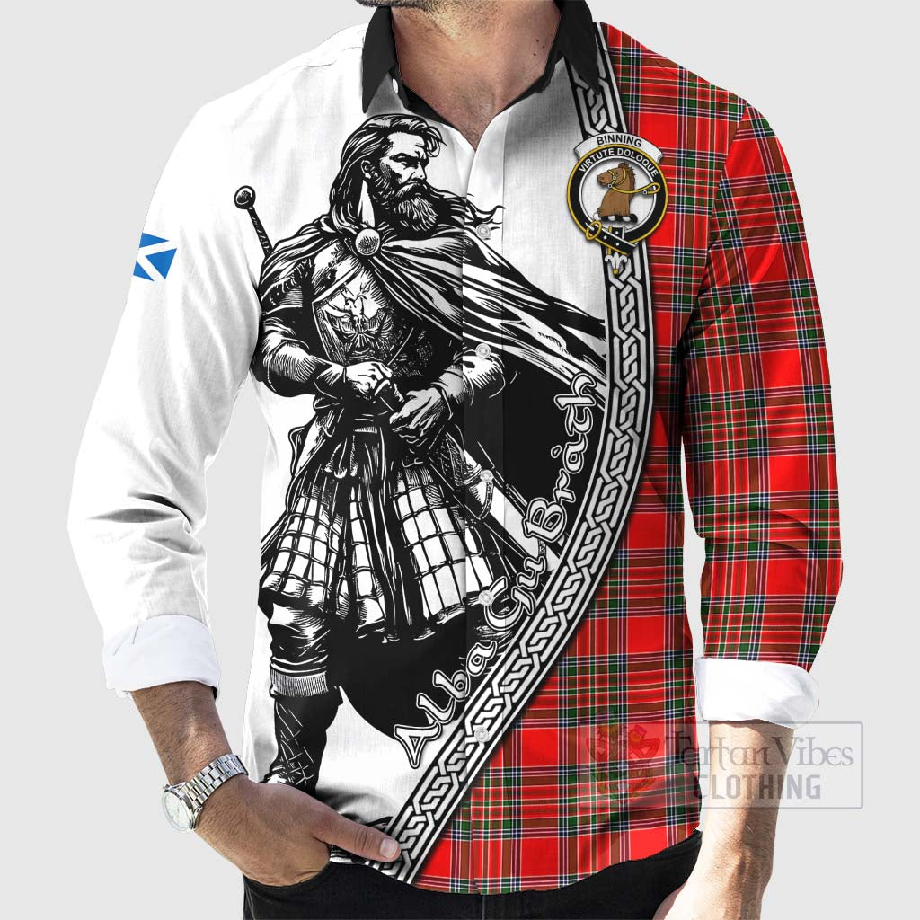 Tartan Vibes Clothing Binning Tartan Clan Crest Long Sleeve Button Shirt with Highlander Warrior Celtic Style