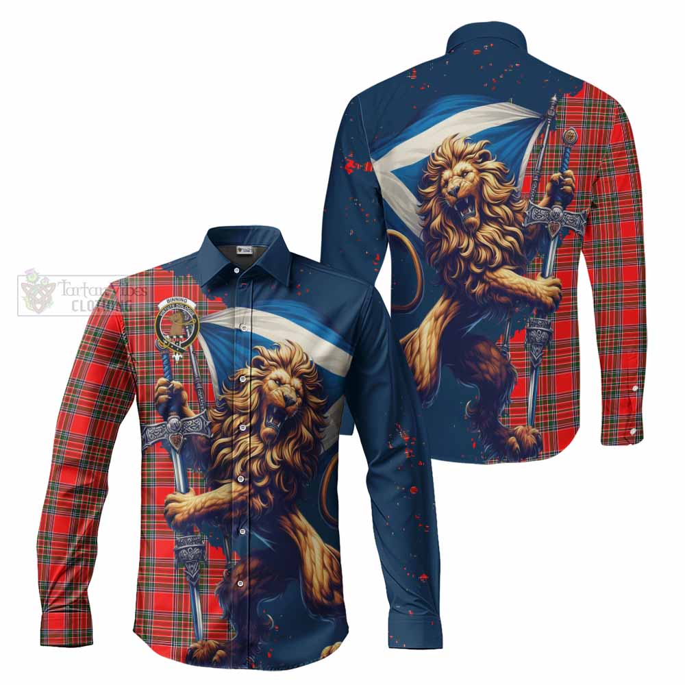 Tartan Vibes Clothing Binning Tartan Family Crest Long Sleeve Button Shirt with Scottish Majestic Lion