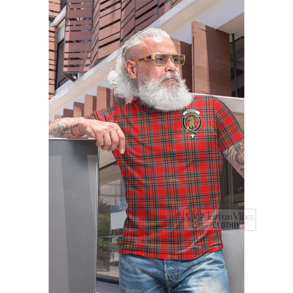 Tartan Vibes Clothing Binning Tartan Cotton T-shirt with Family Crest and Bearded Skull Holding Bottles of Whiskey