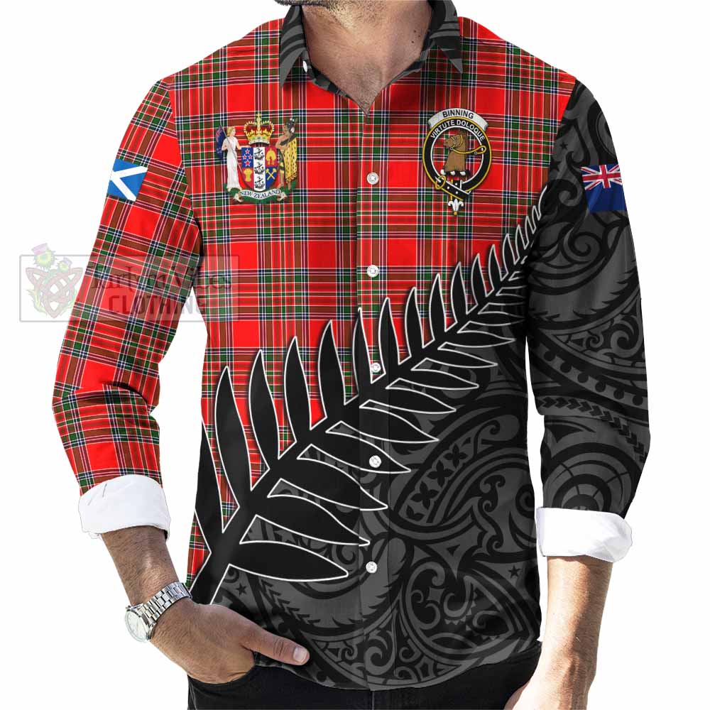 Tartan Vibes Clothing Binning Crest Tartan Long Sleeve Button Shirt with New Zealand Silver Fern Half Style