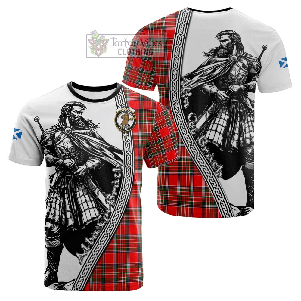 Binning Tartan Clan Crest Cotton T-shirt with Highlander Warrior Celtic Style