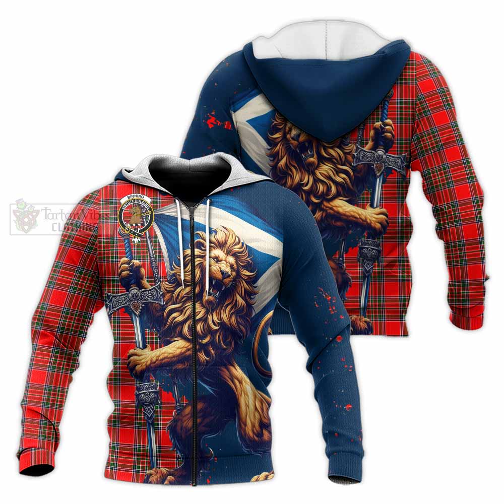 Tartan Vibes Clothing Binning Tartan Family Crest Knitted Hoodie with Scottish Majestic Lion