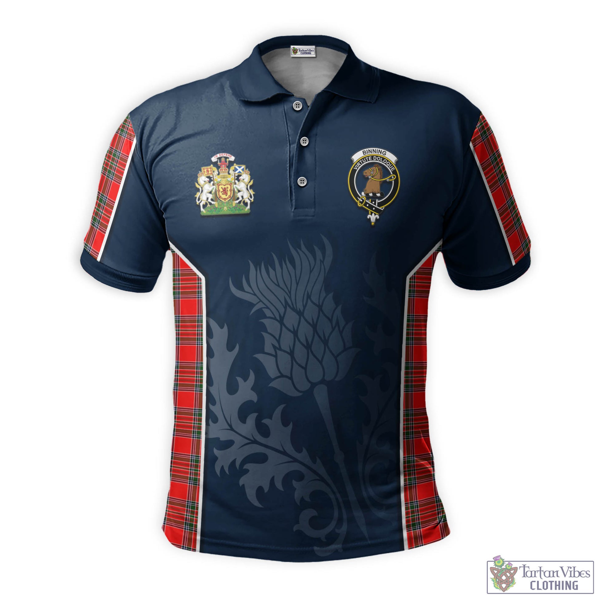 Tartan Vibes Clothing Binning Tartan Men's Polo Shirt with Family Crest and Scottish Thistle Vibes Sport Style