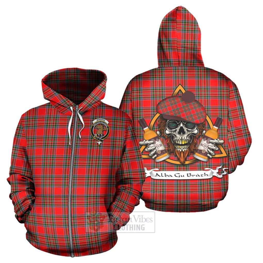 Tartan Vibes Clothing Binning Tartan Hoodie with Family Crest and Bearded Skull Holding Bottles of Whiskey