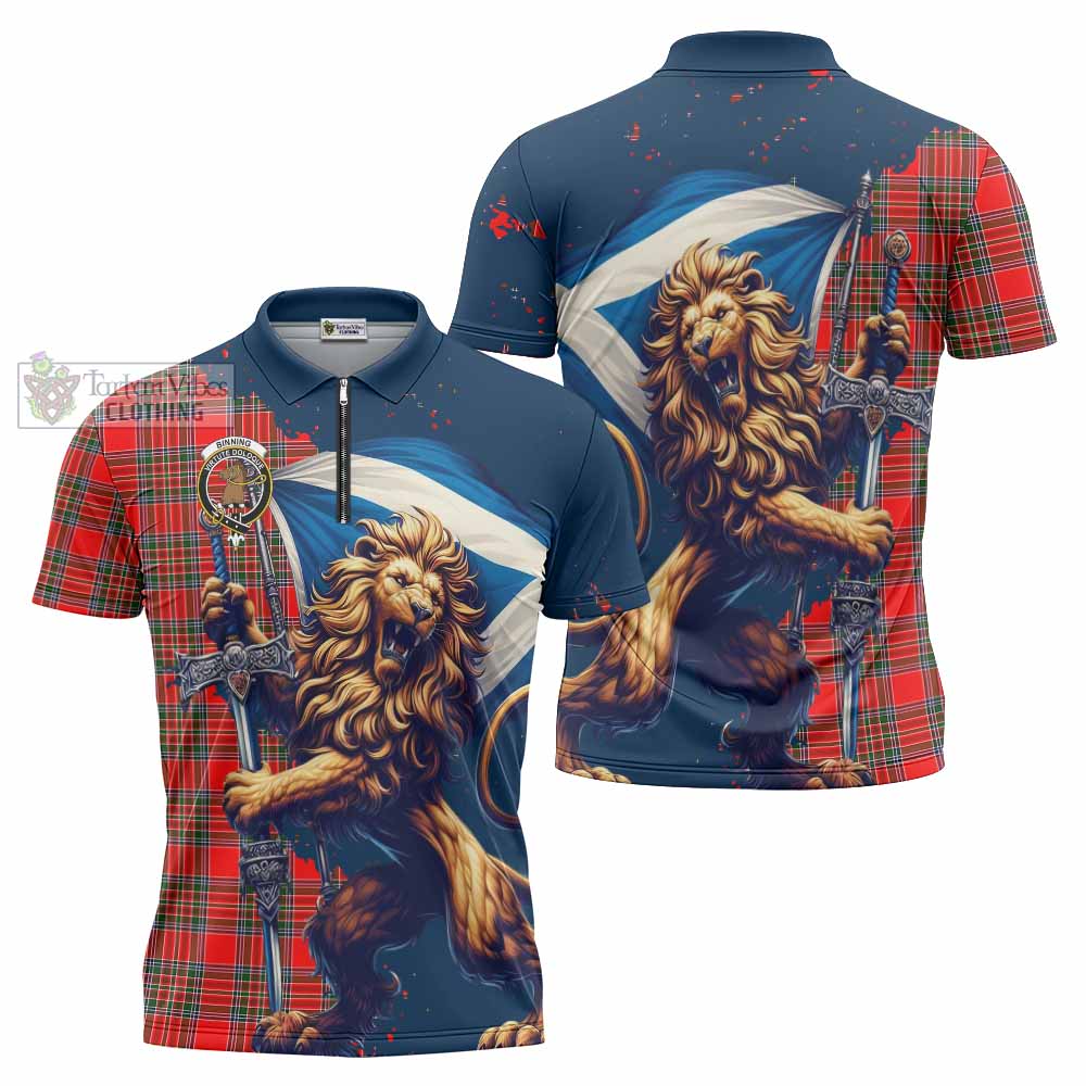 Tartan Vibes Clothing Binning Tartan Family Crest Zipper Polo Shirt with Scottish Majestic Lion