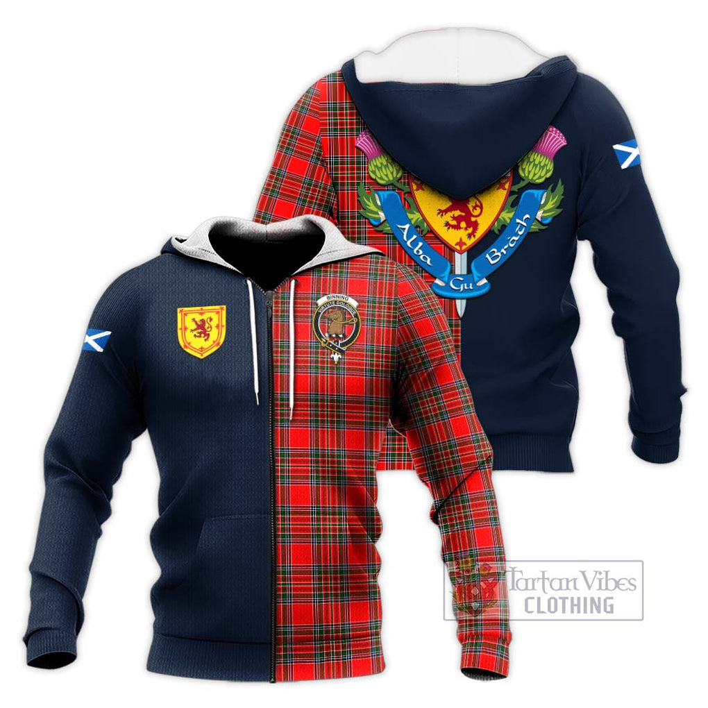 Tartan Vibes Clothing Binning Tartan Knitted Hoodie with Scottish Lion Royal Arm Half Style