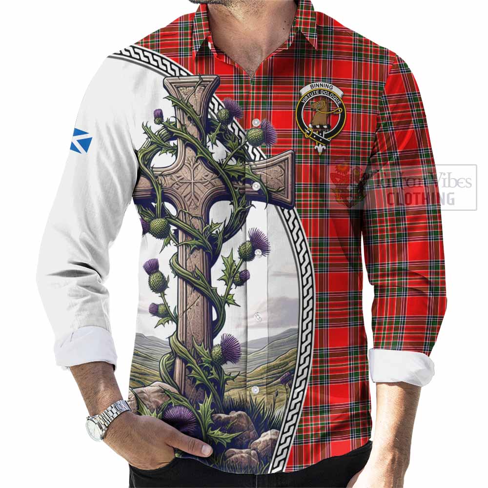 Tartan Vibes Clothing Binning Tartan Long Sleeve Button Shirt with Family Crest and St. Andrew's Cross Accented by Thistle Vines