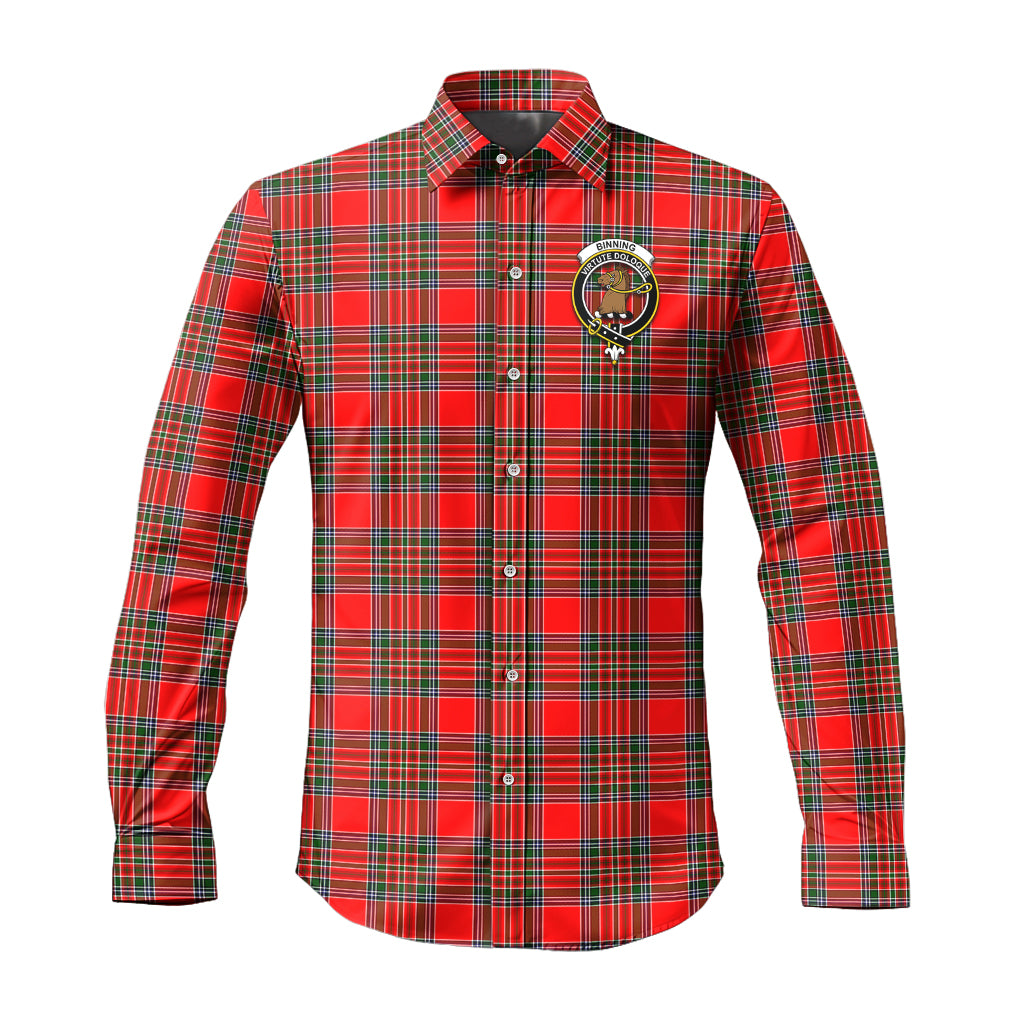 Binning Tartan Long Sleeve Button Up Shirt with Family Crest - Tartanvibesclothing