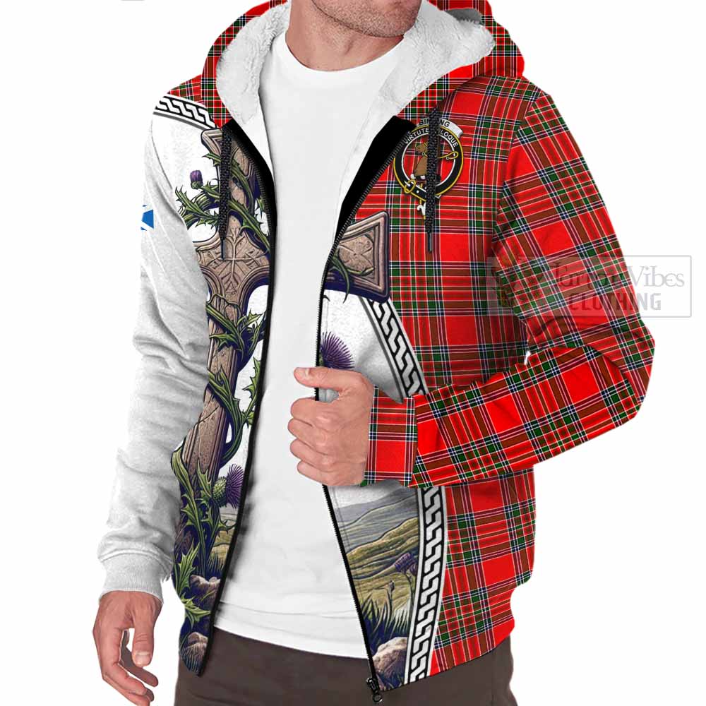 Tartan Vibes Clothing Binning Tartan Sherpa Hoodie with Family Crest and St. Andrew's Cross Accented by Thistle Vines