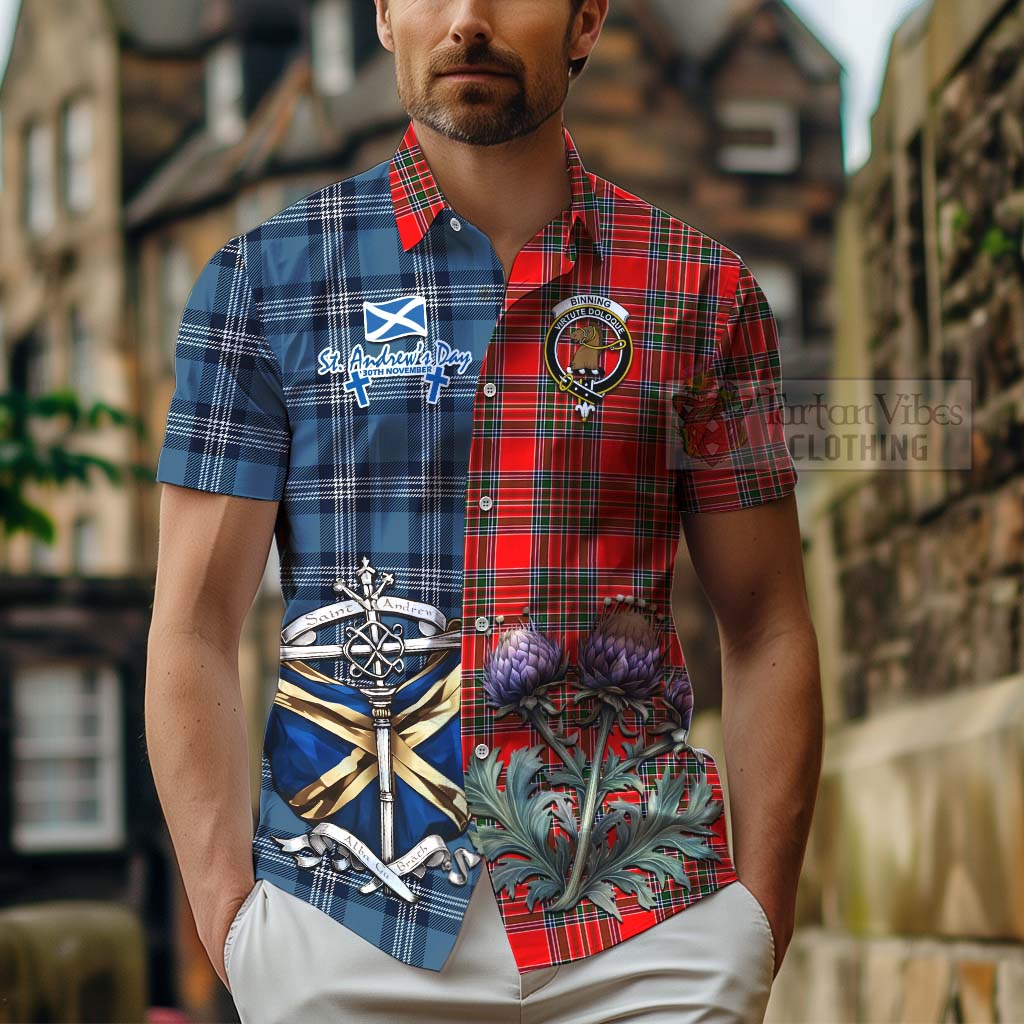 Tartan Vibes Clothing Binning Tartan Short Sleeve Button Shirt Happy St. Andrew's Day Half Tartan Style