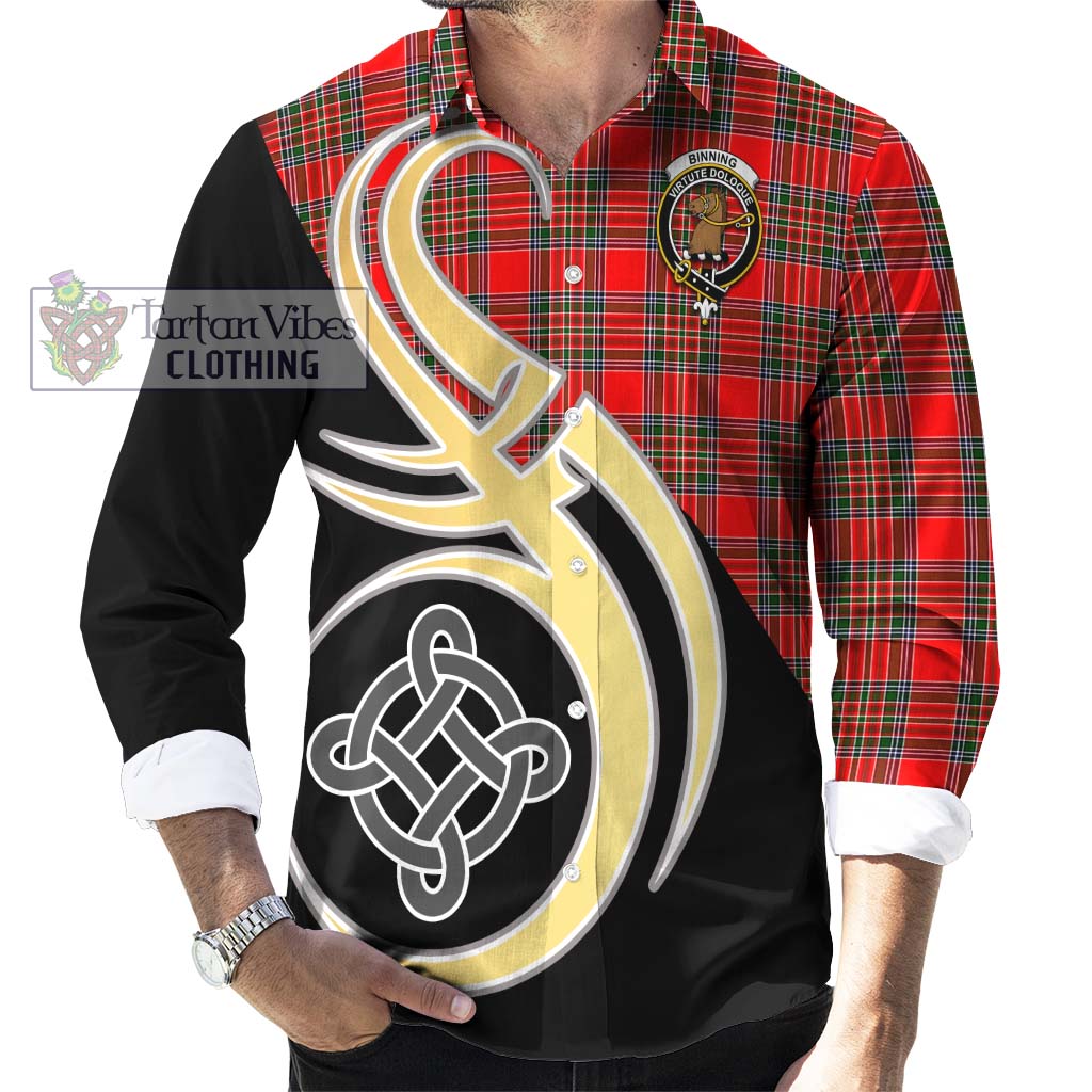 Binning Tartan Long Sleeve Button Shirt with Family Crest and Celtic Symbol Style - Tartan Vibes Clothing