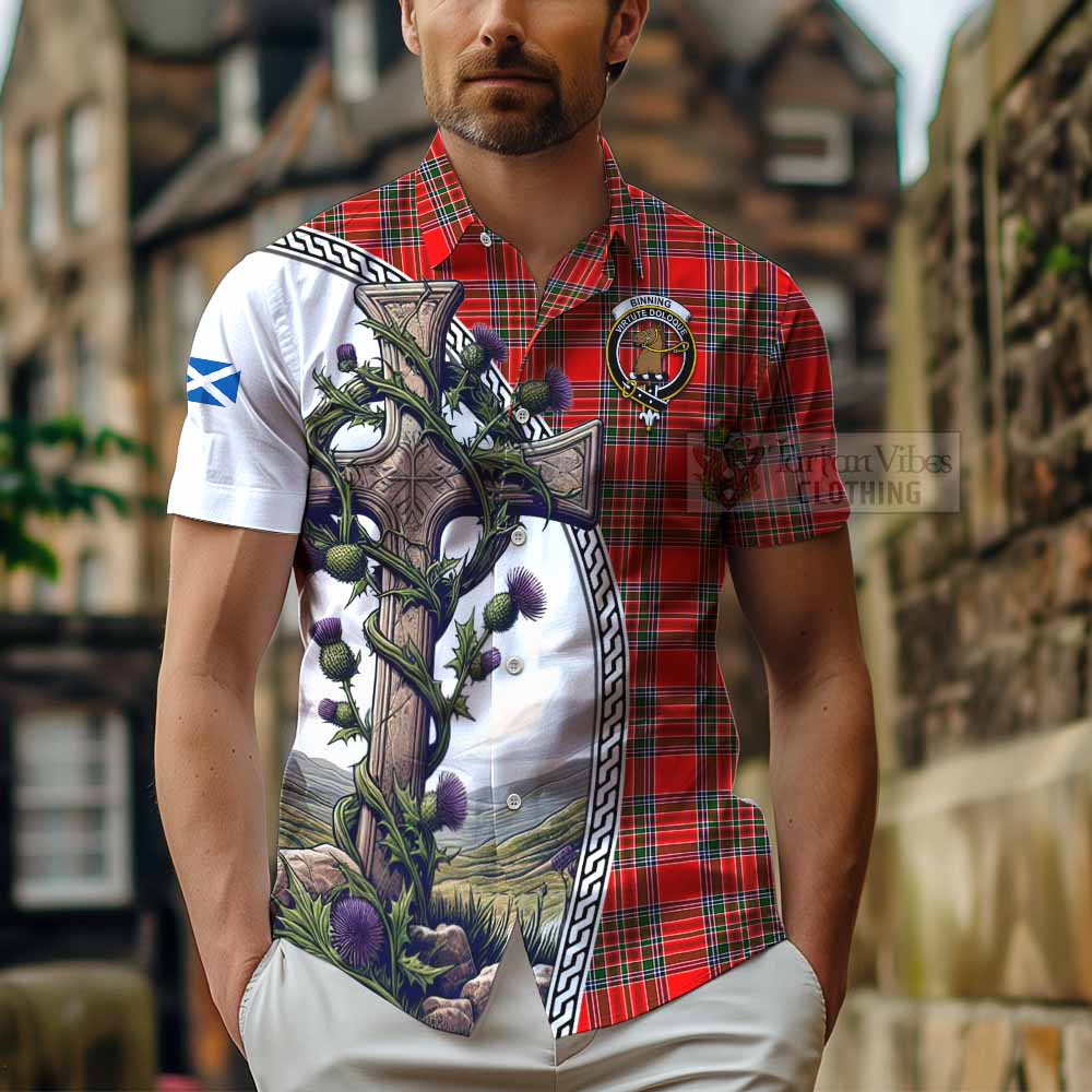 Tartan Vibes Clothing Binning Tartan Short Sleeve Button Shirt with Family Crest and St. Andrew's Cross Accented by Thistle Vines